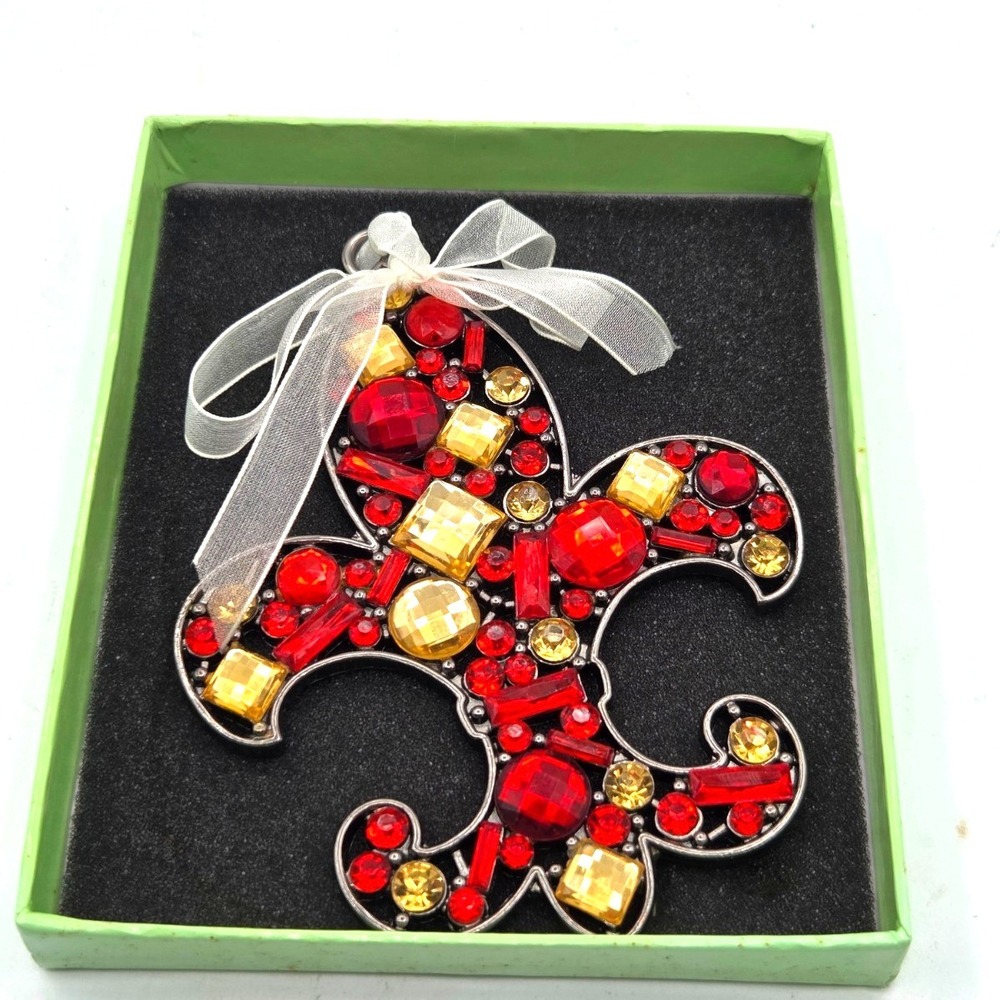 STUNNING Fleur De Lis Christmas Ornament Metal with Red and Gold Stones